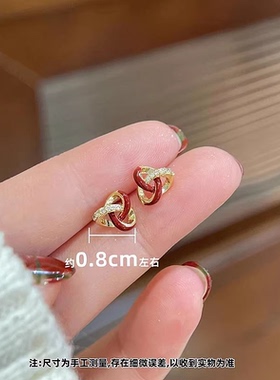 s925银针耳饰红色三角环绕耳钉女小众设计感闪钻耳环时尚气质耳饰