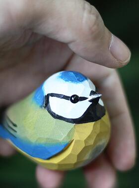 鹿妖商店 肥啾木雕小鸟 礼物 蓝山雀小胖鸟 纯手工 实木桌面摆件