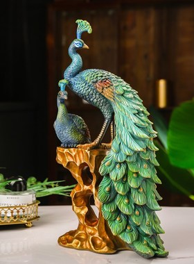 新中式创意孔雀摆件美式电视柜客厅玄关桌面装饰品乔迁结婚礼品