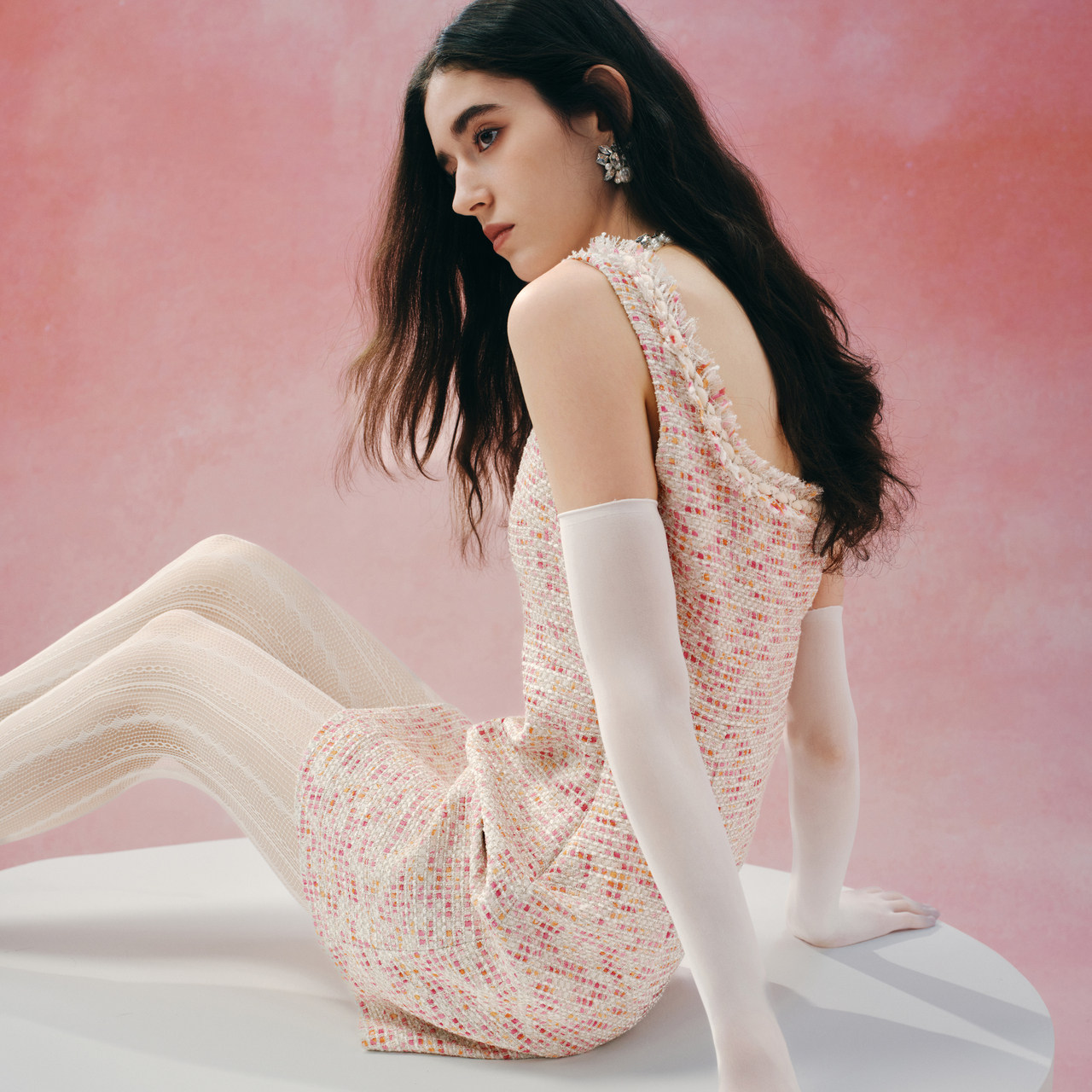 商场同款 摩萨克秋粗花呢无袖收腰印花小香风连衣裙女,淘宝优惠券,粉丝福利购,淘宝优惠卷