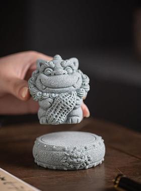 中式麒麟兽首石鼓盖置茶宠摆件垫底杯垫底座配件客厅桌面造景装饰