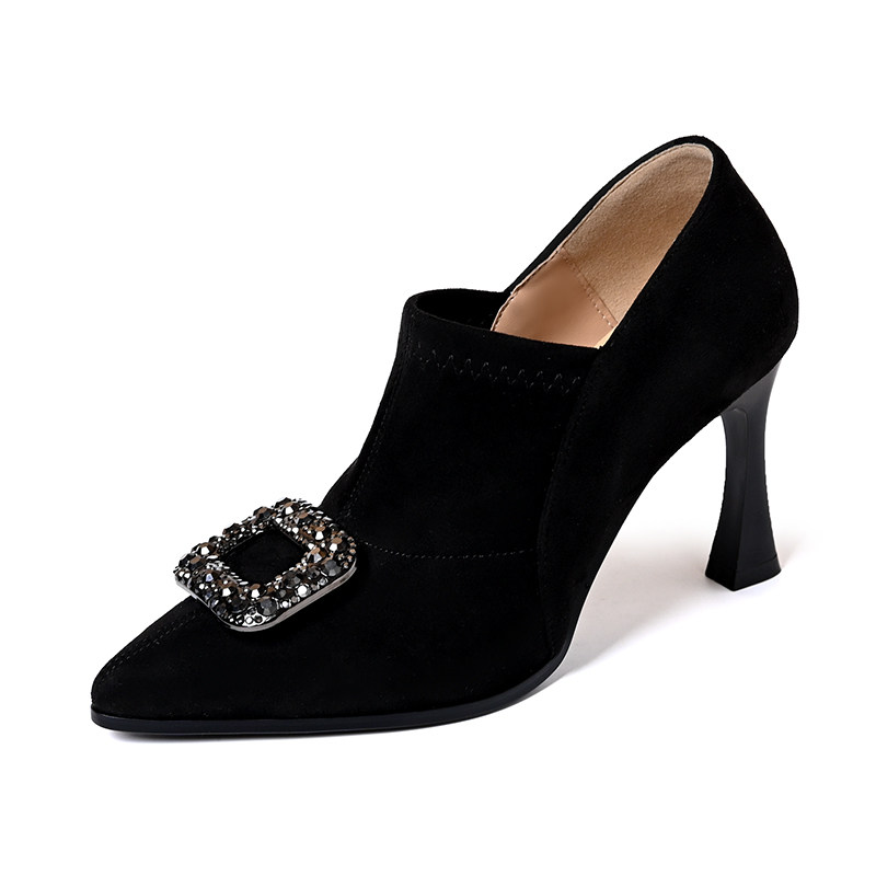 真皮羊皮尖头水钻扣深口女鞋秋季新款绒面弹力布细跟高跟时尚裸靴