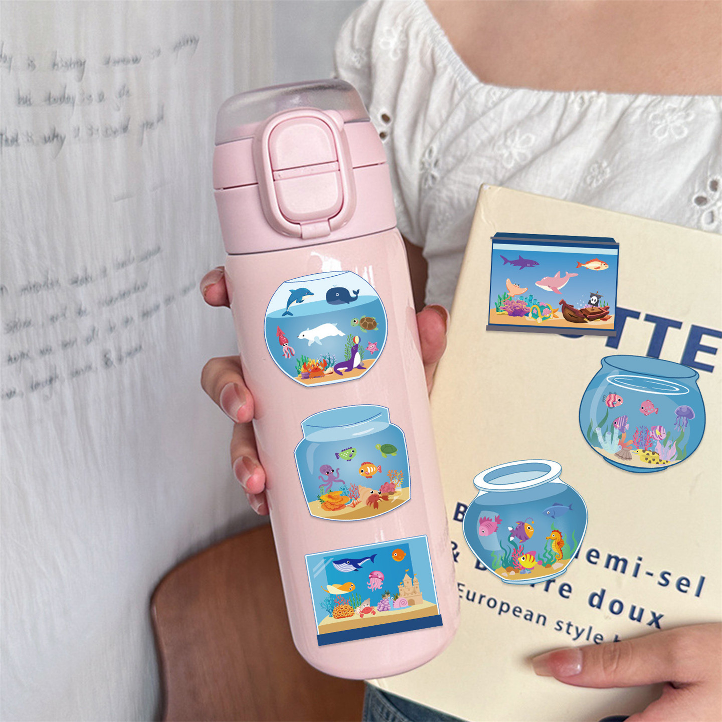 8张定制梦想鱼缸拼贴卡通小贴画儿童动手DIY手工益智贴纸学生奖励装饰手机笔记本保温杯平板汽车DIY防水贴画,淘宝优惠券,粉丝福利购,淘宝优惠卷