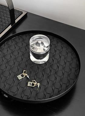 态生活轻奢风藤编皮质圆形香薰托盘玄关钥匙收纳盘首饰盘装饰摆盘