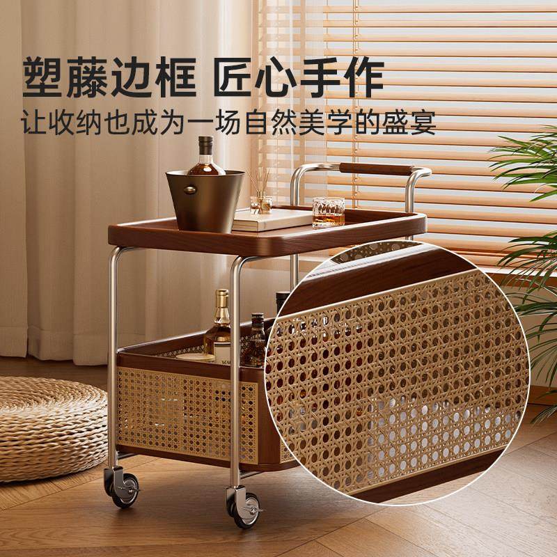 实木可移动边几中古收纳小推车客厅沙发置物架塑藤编储物覆古餐车,淘宝优惠券,粉丝福利购,淘宝优惠卷
