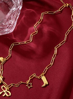 欧美风回形针蝴蝶结海滩吊饰项链时尚西部风粗牛仔靴项链跨境