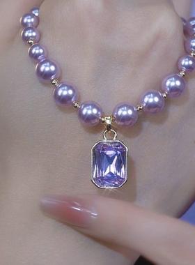 好沄多2025年新款高级感珍珠晶石项炼几何紫色方形水晶吊坠锁骨炼