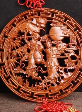 桃木和合二圣摆件k家居客厅家用婚房挂件卧室木雕结婚送礼摆设礼