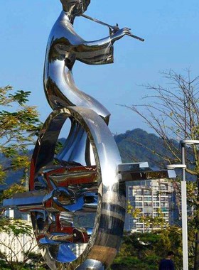 不锈钢抽象景观造型定制户外大型镜面人物雕塑吹笛少女小区装饰