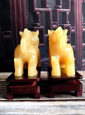 天然米黄玉貔貅一对玉石皮丘客厅店铺开业招财摆件办公室风水镇宅