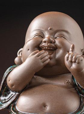 久造中式禅意三不弥勒佛像小摆件陶瓷笑佛客厅玄关装饰品高端茶宠