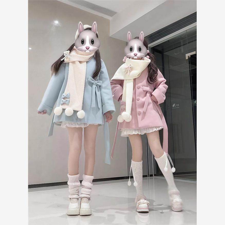 新款秋冬氛围感软妹可爱蝴蝶结围巾中长款女毛呢外套甜美少女套装,淘宝优惠券,粉丝福利购,淘宝优惠卷