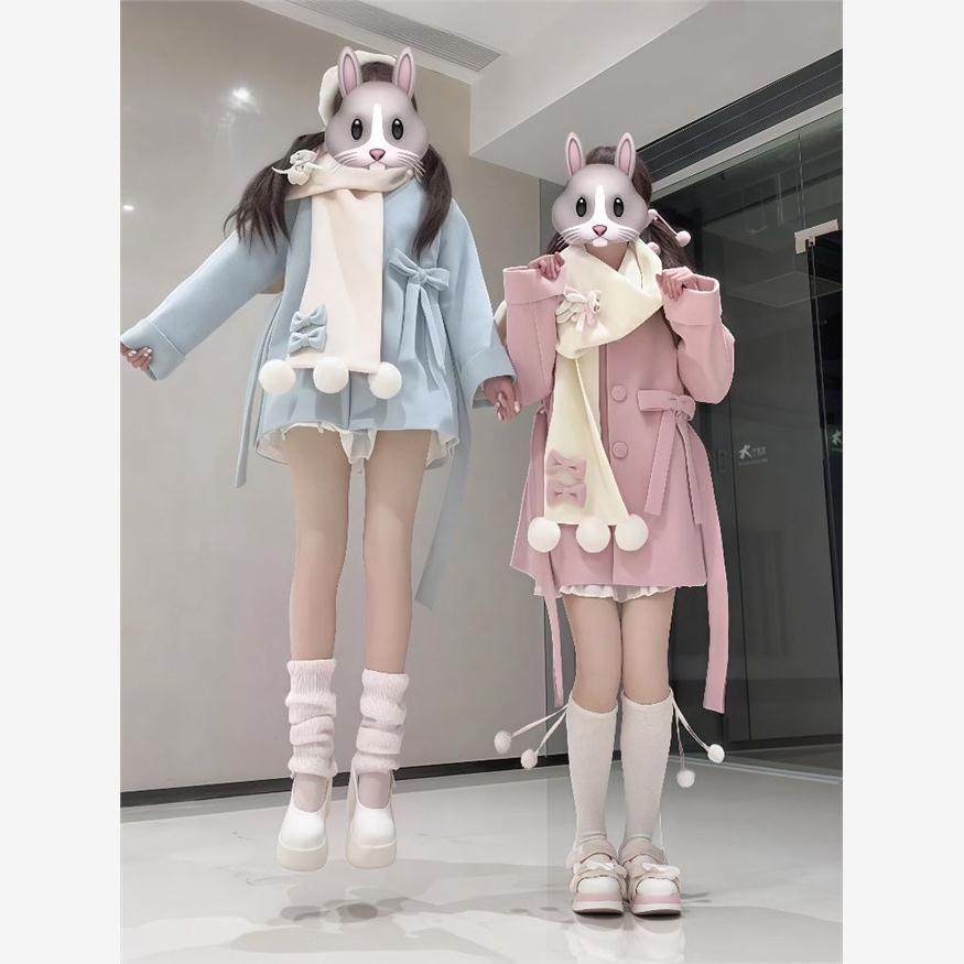 新款秋冬氛围感软妹可爱蝴蝶结围巾中长款女毛呢外套甜美少女套装,淘宝优惠券,粉丝福利购,淘宝优惠卷