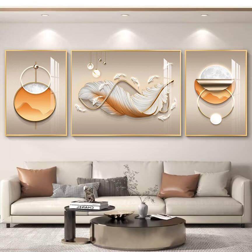 客厅三联画轻奢羽毛好寓意挂画简约大气壁画客厅沙发背景墙装饰画,淘宝优惠券,粉丝福利购,淘宝优惠卷