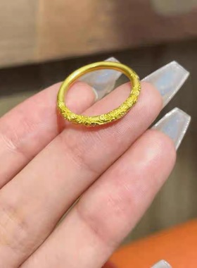 古法黄金戒指女紫荆花浮雕繁花似锦素圈指环小红书同款2025新款潮