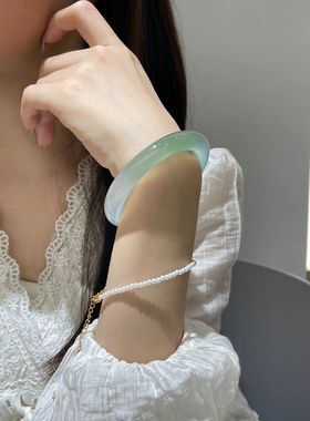 玉髓手镯女天然玛瑙胖圆条半山半水玉镯蓝水绿复古水晶镯子闺蜜礼