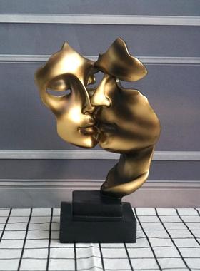 现代简约沉默是金双脸面具摆件办公室桌子酒店前台金色装饰工艺品