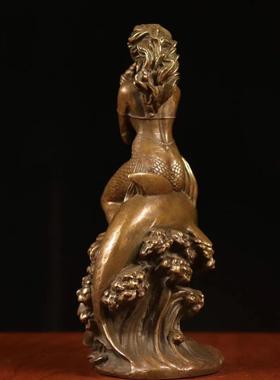 红铜摆件创意吹螺骑海豚美人鱼摆件海螺姑娘居家客厅书房摆件