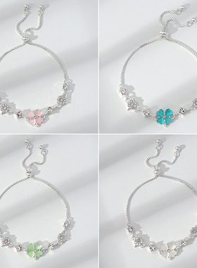 韩版新款幸运四叶草手链时尚个性森系ins设计可抽拉调节大小 手环