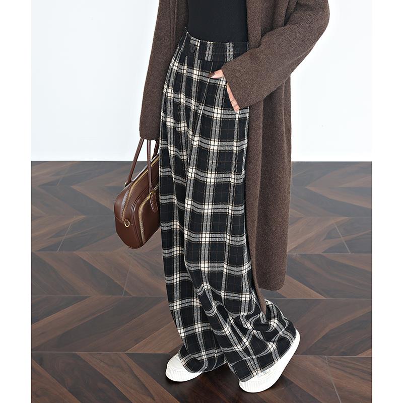 格子裤女春秋冬季加绒高腰宽松香蕉裤毛呢裤子醋酸羊毛阔腿裤 - 图2