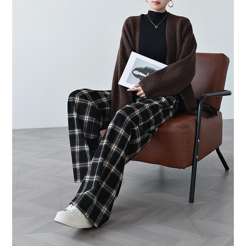 格子裤女春秋冬季加绒高腰宽松香蕉裤毛呢裤子醋酸羊毛阔腿裤 - 图1