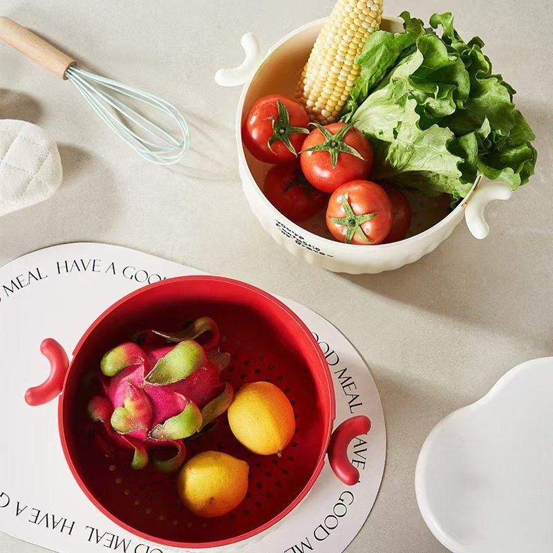 奶油风沥水篮多巴胺果篮圆形双层洗菜篮子厨房加厚蔬菜水果收纳篮,淘宝优惠券,粉丝福利购,淘宝优惠卷