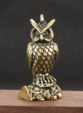 古玩杂项收藏铜器实心站立猫头鹰钥匙扣挂件黄铜做旧动物茶宠摆件