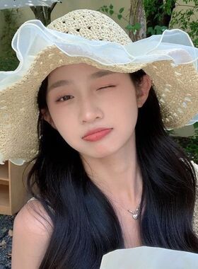 夏季海边拍照蕾丝珍珠太阳帽