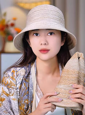 亚麻大檐渔夫帽女大头围防晒
