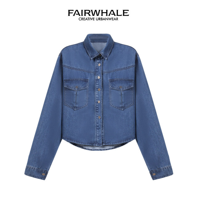 Mark Huafei women's fashionable and versatile tall and slim lapel long-sleeved short shirt retro comfortable denim top