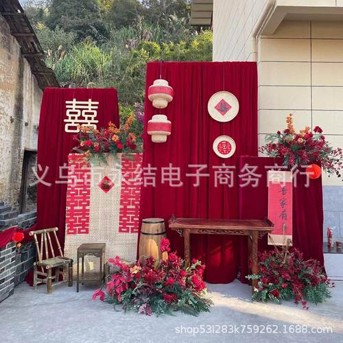 婚礼场景布置酒红色金丝绒布结婚舞台背景周岁生日订婚宴现场布幔 - 图0