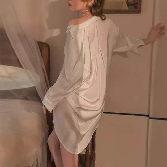 Sexy Pajamas Women's Spring Autumn Summer Ice Silk Shirt Nightgown