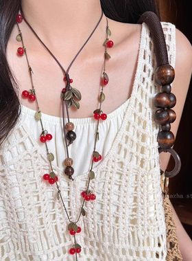 波西米亚复古樱桃串珠项链女早秋