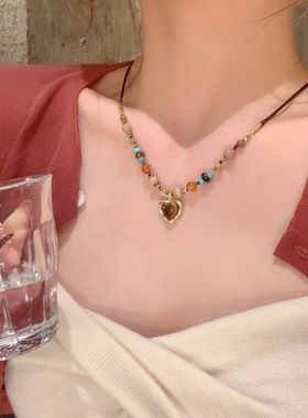 复古美拉德爱心虎眼石串珠项链