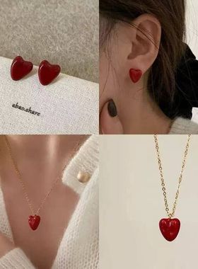 法式红色珐琅金色爱心吊坠家女