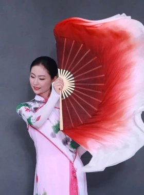 舞蹈扇子跳舞扇真丝大双面酒红