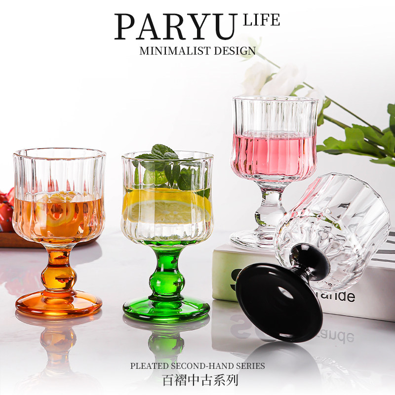 PARYU百褶啤酒杯中古杯复古高脚红酒杯玻璃水杯果汁果酒杯香槟杯,淘宝优惠券,粉丝福利购,淘宝优惠卷