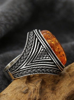 复古个性潮流时尚设计感天然琥珀戒指男女款