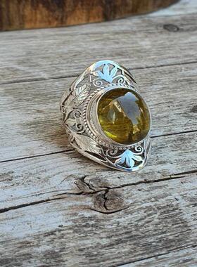 禾呈复古古典尊宝石双色艺术雕花戒指女椭圆形饰品