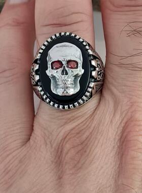 万圣节骷髅头戒指男红眼石银色金属恐怖搞怪戒指个性