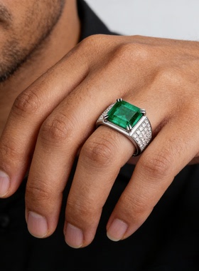 新款复古仿祖母绿宝石戒指男款个性时尚百搭指环