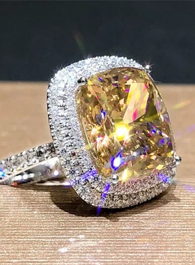 新款 欧美方形微镶粉钻戒指女优雅仿真锆石指环婚戒