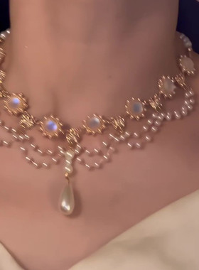 「夜莺蔷薇 」法式月光石珍珠项链女在逃公主精致轻奢超闪锁骨链