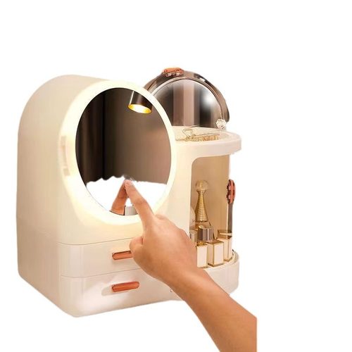 新款化妆品收纳盒梳妆台带灯镜子一体旋转高级感桌面护肤品置物架 - 图3