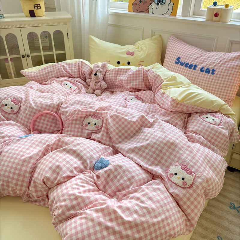 ins卡通水洗棉刺绣四件套儿童宿舍床单三件套猫kt少女心床笠被套4,淘宝优惠券,粉丝福利购,淘宝优惠卷