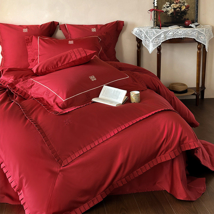新婚快乐婚庆四件套全棉100S长绒棉喜字刺绣红色结婚被套床单床笠,淘宝优惠券,粉丝福利购,淘宝优惠卷