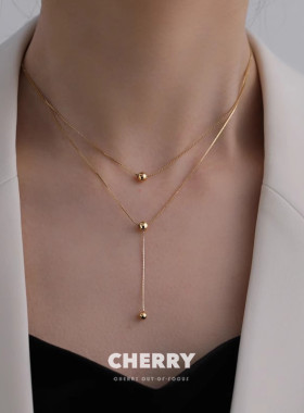 双层叠戴金色豆豆项链女ins简约锁骨链小众设计感高级chocker颈链