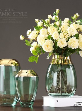 金口电镀高级感轻奢透明玻璃花瓶装饰摆件客厅办公室桌面插花摆件