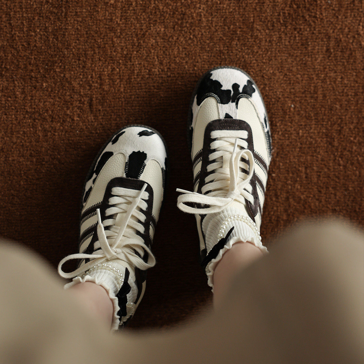 【冉言】颗颗 2024春新品小众奶牛纹德训鞋女可爱百搭休闲板鞋,淘宝优惠券,粉丝福利购,淘宝优惠卷