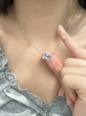 冰蓝色蝴蝶999纯银项链女2025新款轻奢小众高级感水晶颈链送女友